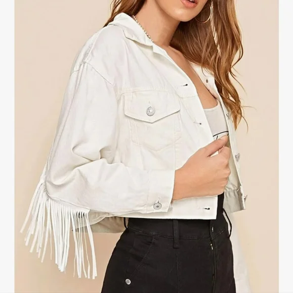 Women's Chic Button Down Tassel Fringe Denim Jean Cropped Jacket Rodeo Large - Picture 8 of 9